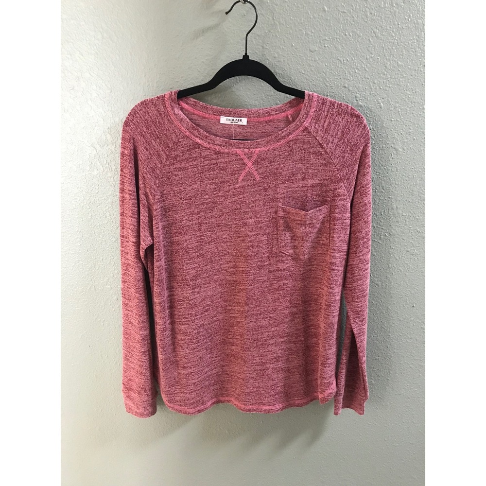 Ekouaer Womens Pink Heathered Long Sleeve Pocket Top Crew Neck Size L NWT